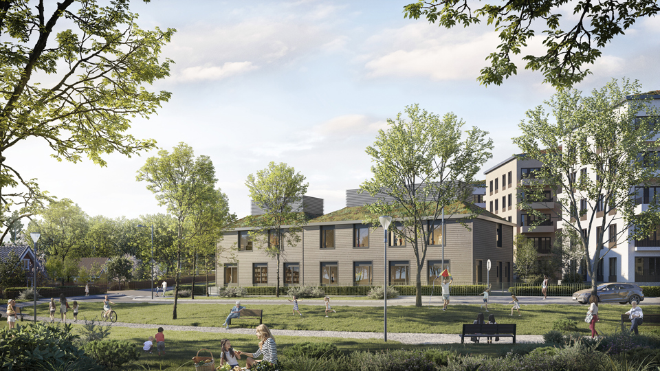 En förskolebyggnad i två plan och en gård framför med gröna ytor, sittplatser och träd. Bakom skymtar flerbostadshus. Människor i rörelse i parken. Illustration